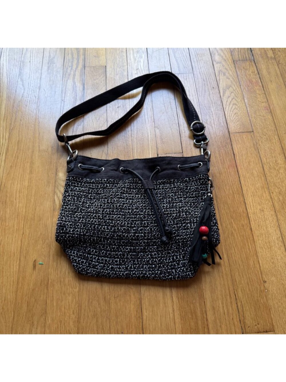 Crochet Boho The Sak 12"x10" Black & White Ukiah Crochet Drawstring Bucket Bag - Picture 2 of 15